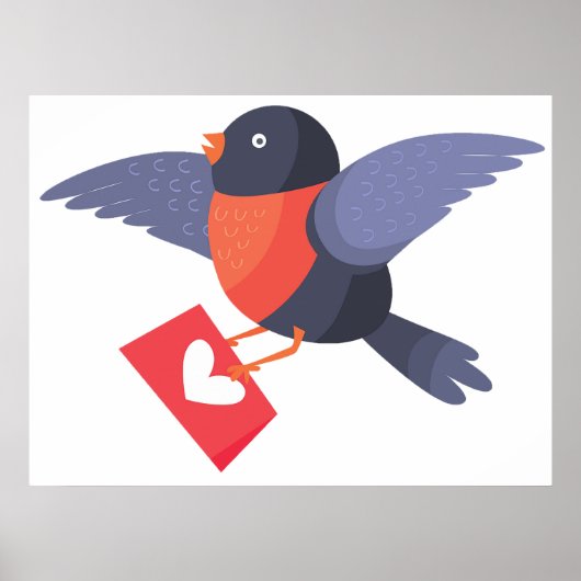 Poster Robin Bird Flying with Red Heart Love Letter (Devant)