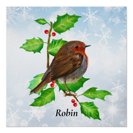 Poster Robin Bird sur la peinture à l'aquarelle Holly (Devant)