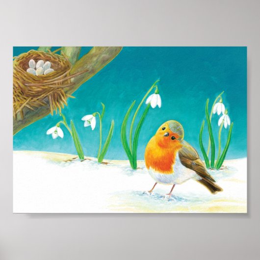 Poster Robin Oiseau, neige et gouttes de neige Illustrati (Devant)