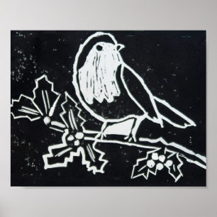Poster Robin rouge de Noël avec Holly en noir et blanc