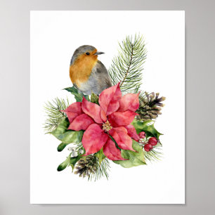 Poster Robin rouge, Poinsettia, pin, Noël sacré