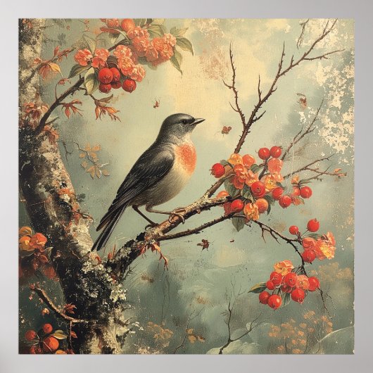 Poster robin rouge sur une branche d'arbre (Devant)