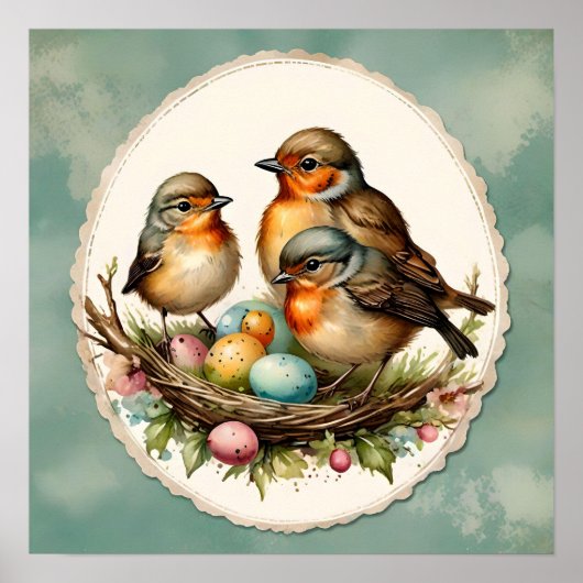 Poster Robins de printemps pour bébé en bois. Printemps. (Devant)