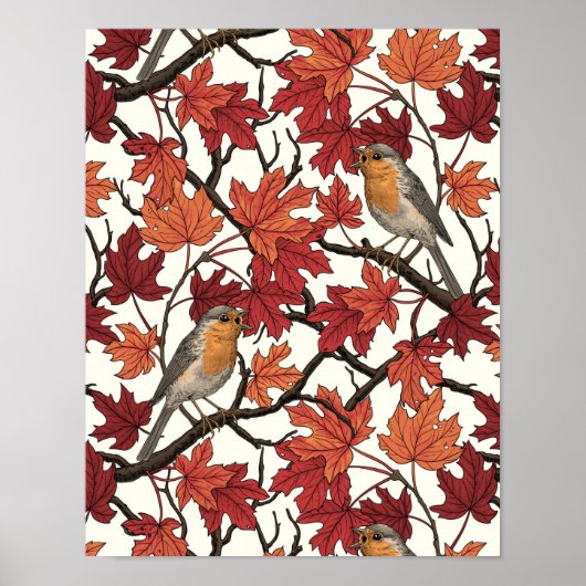 Poster Robins in maple tree on off white (Devant)