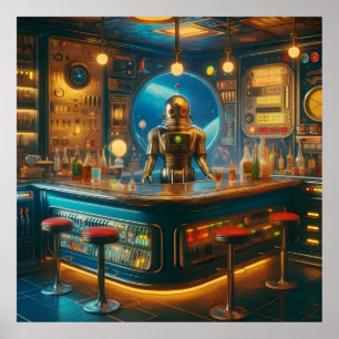 Poster Robot Barman dans le bar interstellaire démodé de