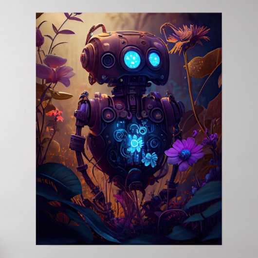 Poster Robot bleu brillant & Fleurs violettes (Devant)