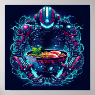Poster Robot Cyberpunk Futuriste Neon Nourriture Ramen