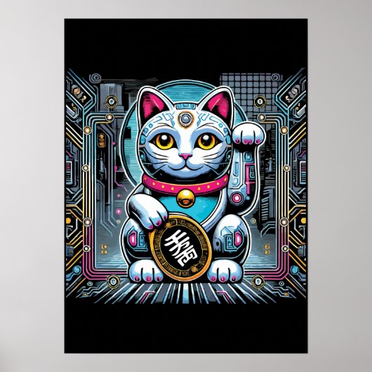 Poster Robot Cyberpunk Maneki Neko Chat Lucky, Argent (Devant)