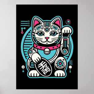 Poster Robot Cyberpunk Maneki Neko Chat Lucky, Argent