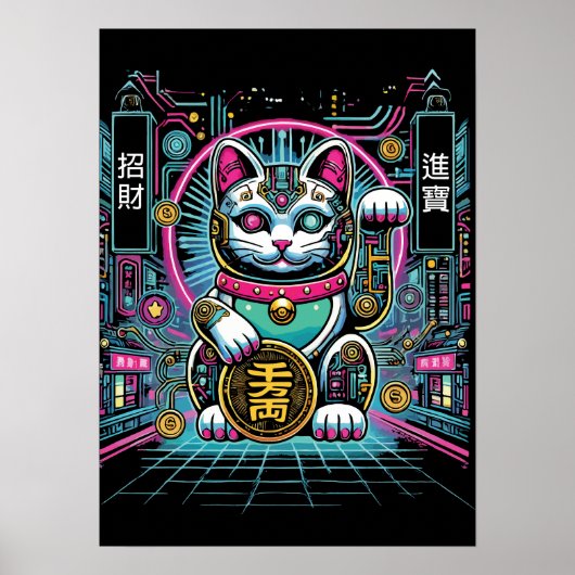 Poster Robot Cyberpunk Maneki Neko Chat Lucky, Argent (Devant)