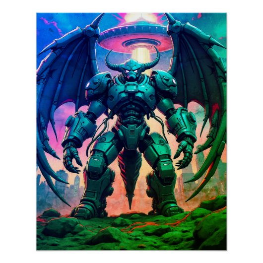 Poster Robot Demon avec ailettes dans un OVNI (Devant)