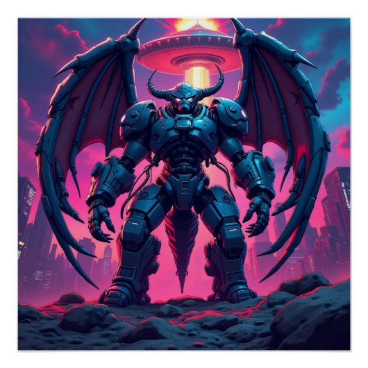Poster Robot Demon avec ailettes dans un OVNI (Devant)