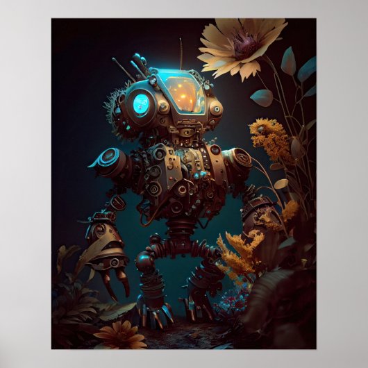 Poster Robot et fleurs futuristes Steampunk (Devant)