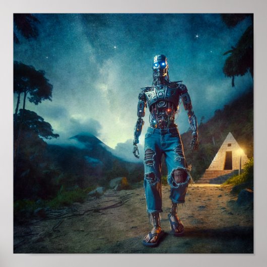 Poster Robot futuriste dans un paysage ancien (Devant)