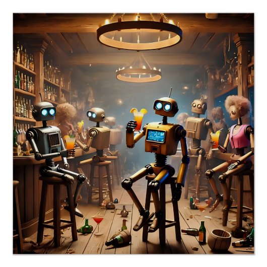 Poster robots having fun in a bar (Devant)