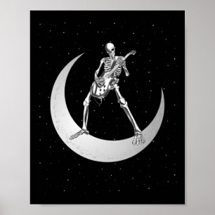 Poster Rock And Roll Skeleton Jouer Guitare Rock Sur Lune