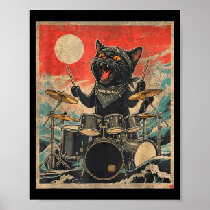Poster Rock On Drummer Vintage Chat Style De Bande Cool C