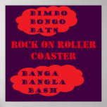 Poster Rock sur Roller dessous de verre pop art rouge vio<br><div class="desc">Logo de message de rock et de roller BIMBO BONGO BATS. ROCK ON ROLLER DESSOUS DE VERRE BANGA BANGLA BASH affiche rouge violet</div>