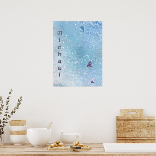 Poster Rocket spatiale vers la Lune avec satellite person (Cuisine)