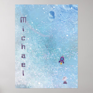 Poster Rocket spatiale vers la Lune avec satellite person