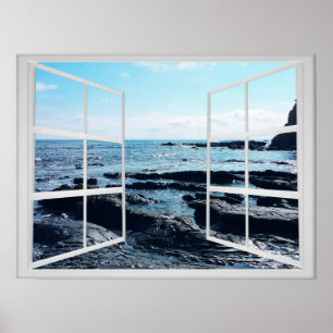 Poster Rocky Ocean Coast with Window Frame