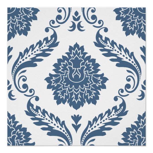 Poster Rococo Damask grand motif bleu sur blanc (Devant)