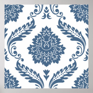 Poster Rococo Damassé Grand Motif Bleu sur Blanc