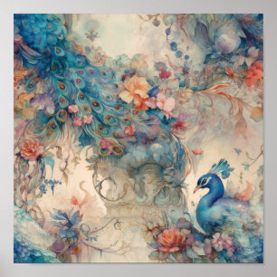 Poster Rococo Orné Période Florale Et Peacock