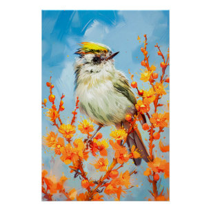 Poster Roitelet à triple bandeau en hiver, peinture impre