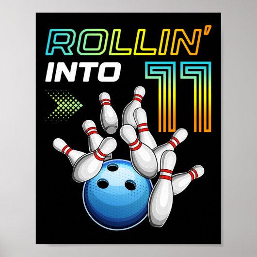 Poster Rollin Into 11 Retro Bowling Birthday Party 11th B (Devant)