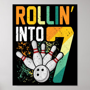 Poster Rollin Into 7 Retro Bowling Annithday Party 7th Bi