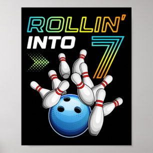 Poster Rollin Into 7 Retro Bowling Annithday Party 7th Bi