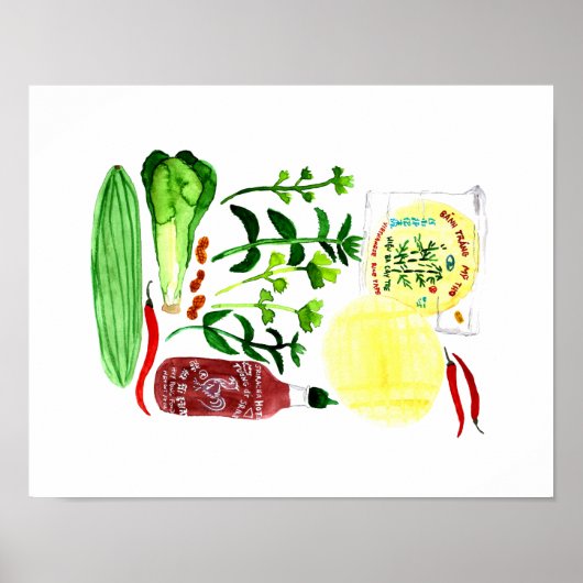 Poster Rolls de papier de riz vietnamien Recette Aquarell (Devant)