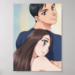 Poster Romance d'anime rétro : Douce étreinte