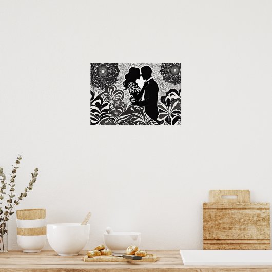 Poster Romance moderne : Baiser noir et blanc (Cuisine)