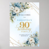 Poster Romantic boho blue florals gold frame 90 birthday (Devant)