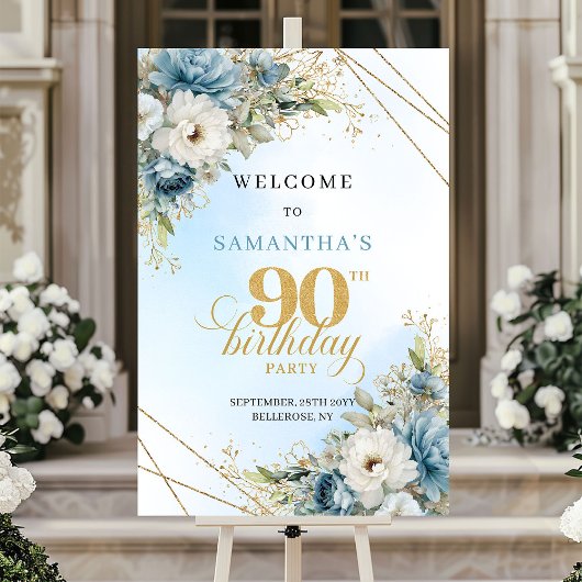 Poster Romantic boho blue florals gold frame 90 birthday
