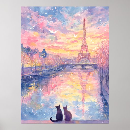 Poster Romantic Cats in Paris Sunset – Watercolor Style (Devant)