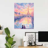 Poster Romantic Cats in Paris Sunset – Watercolor Style (Bureau à domicile)