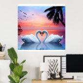 Poster Romantic Heart Swans Tropical Sunset Paradise (Bureau à domicile)