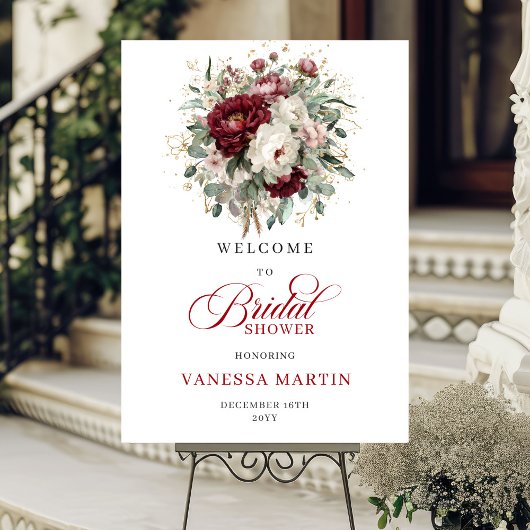 Poster Romantic Marsala Floral Eucalyptus Welcome Sign