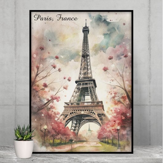 Poster Romantic Paris Eiffel Tower Watercolor Floral