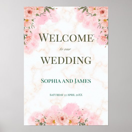 Poster Romantic Pink Flowers Wedding Sign (Devant)