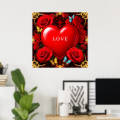 Poster Romantic Red Heart Framed by Roses and Butterflies (Bureau à domicile)