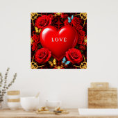 Poster Romantic Red Heart Framed by Roses and Butterflies (Cuisine)