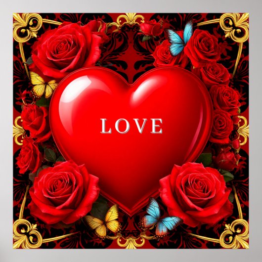 Poster Romantic Red Heart Framed by Roses and Butterflies (Devant)
