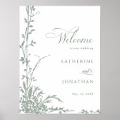 Poster Romantic Sage Green Floral Garden Wedding Welcome  (Devant)