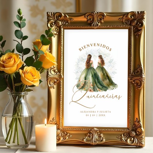 Poster Romantic Spanish Quinceañeras Twins Dolls in Green