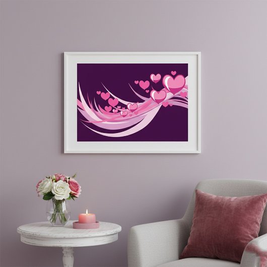 Poster Romantique Abstrait Coeurs Rose Design Sur Violet