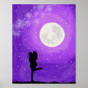 Poster Romantique Couple violet Pleine lune de nuit Étoil